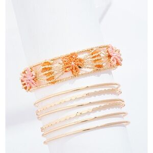 Gold and Pink Beaded Floral Bracelet Set